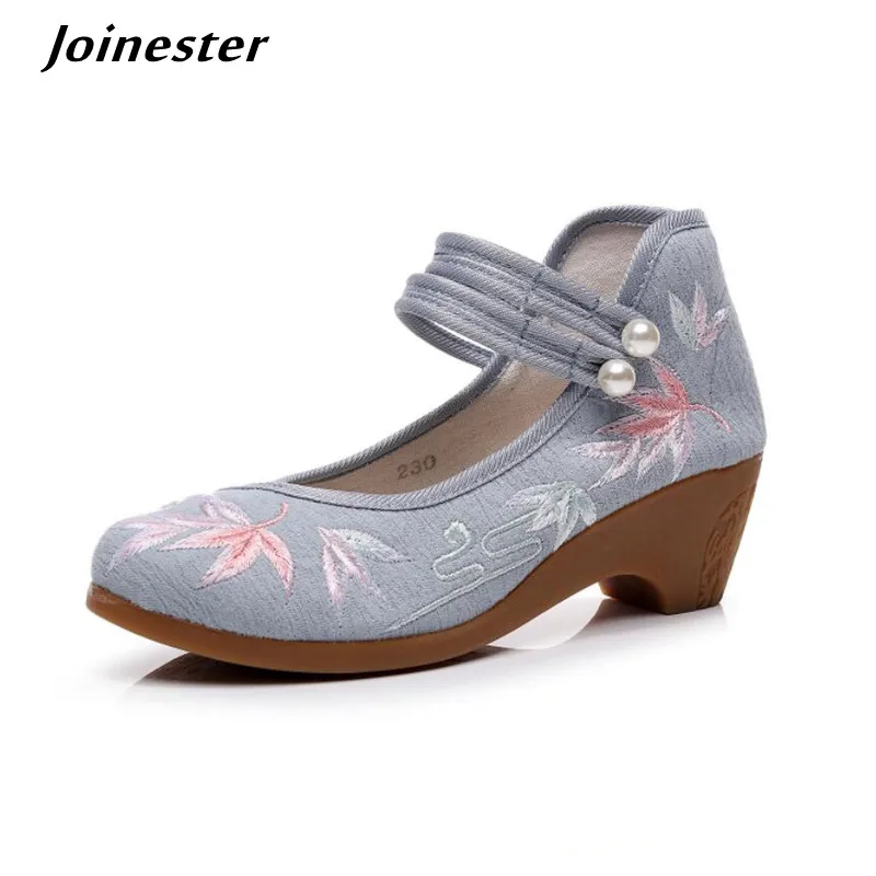 Women Ankle Button Strap Pumps Ethnic Embroidery Mary Jane Dress Shoes Mid Heel Cotton Fabric Espadrilles Vintage Sandals