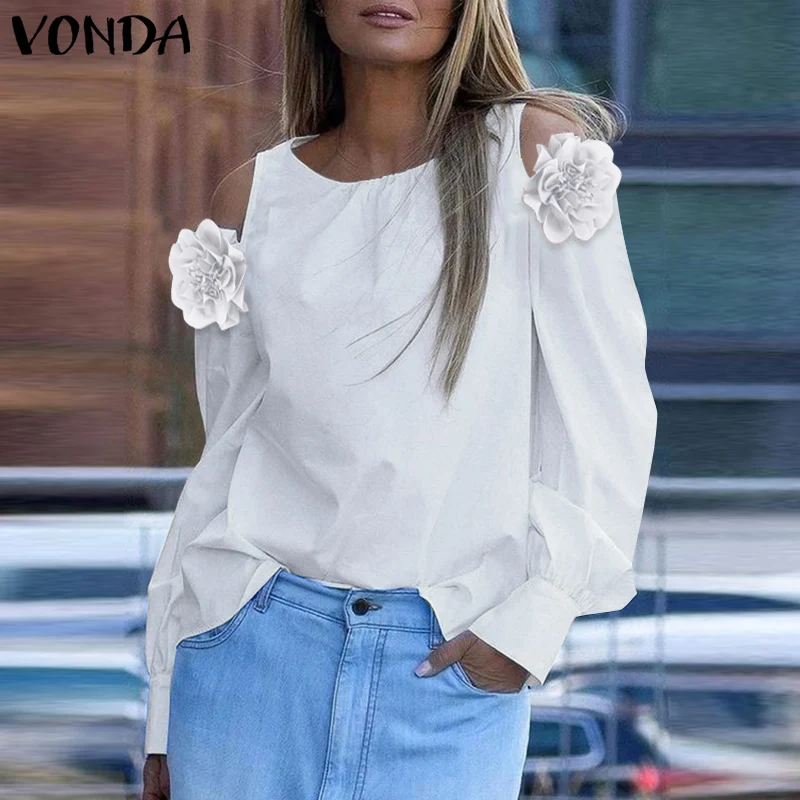 플러스 사이즈 5XL VONDA 여성 블라우스 오프 숄더 탑 캐주얼 솔리드 컬러 블라우스 긴 소매 O넥 플라워 튜닉 오버사이즈 셔츠