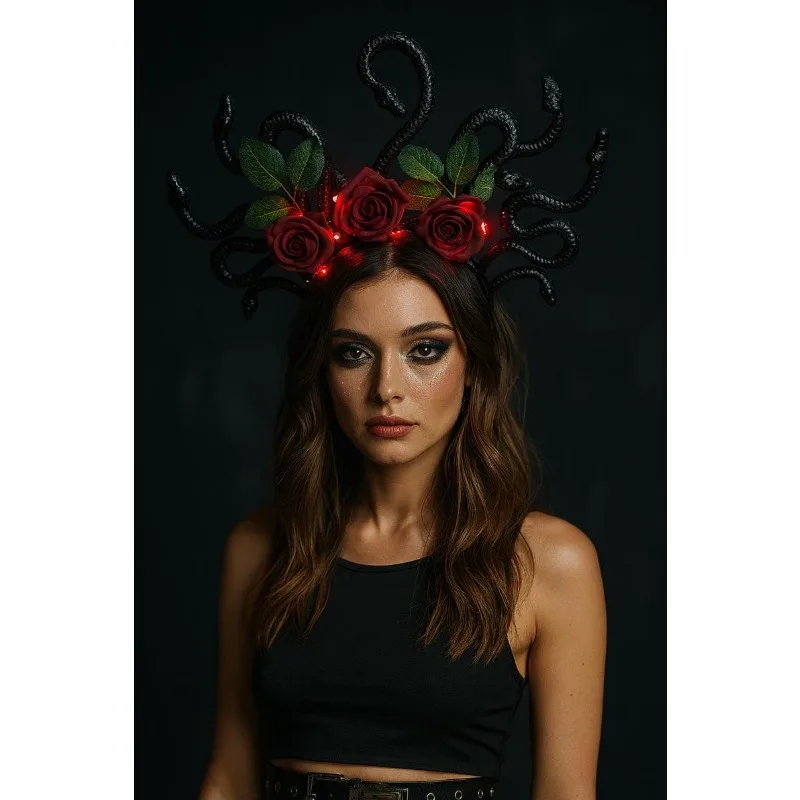 

Medusa Light Up Crown - LED Snake & Roses Goddess Headpiece - Mythology Rave & Cosplay Halloween Accessory (Black Gothic Design)