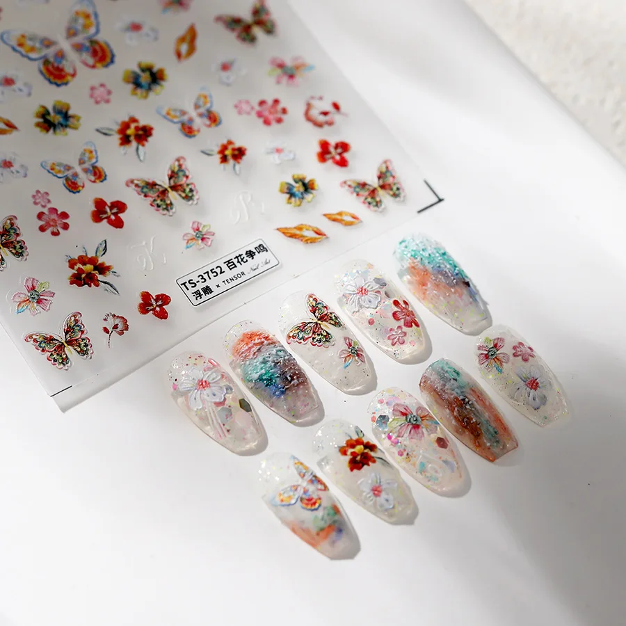 Olieverfschilderij Stijl Bloemen Vlinder 5d Reliëfs Zelfklevende Nail Art Stickers Zonnebloem Rose Madeliefje 3d Manicure Stickers