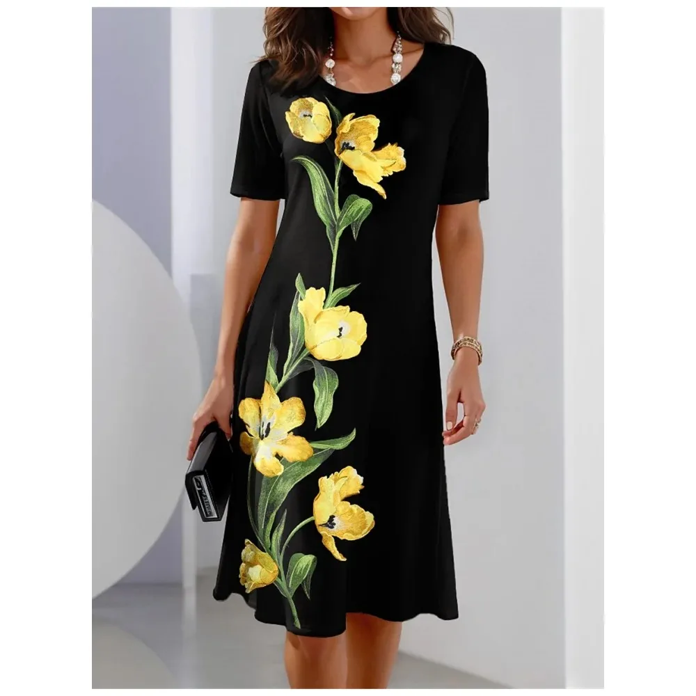 Tulip Pattern, Artistic Temperament, Digital Printing Dress, Short Sleeved Loose Fitting, Cross-Border WholesaleWQ6