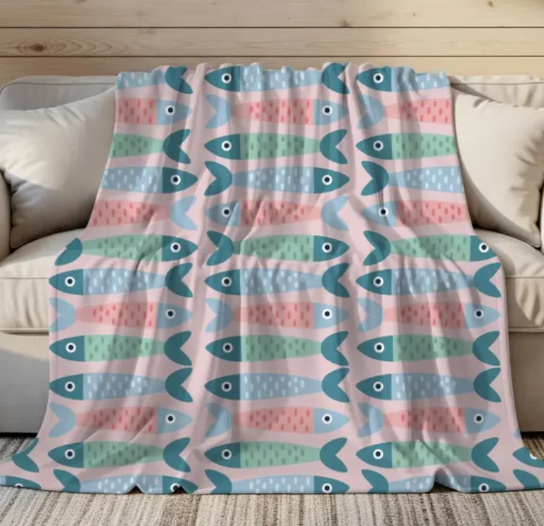 Colorful Sardine Throw Blanket, Velveteen Beach Theme Blanket, Nautical Gifting Idea Coastal Living Home Decor Fun Fish Blanket