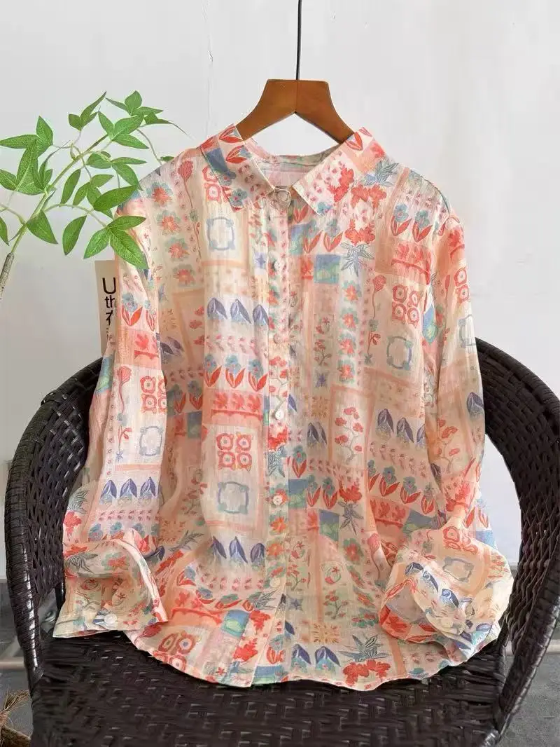 

Женские блузки и рубашки из 100% рами, рубашки в японском стиле с цветочным принтом лотоса, топы с длинными рукавами для женщин, пляжные рубашки