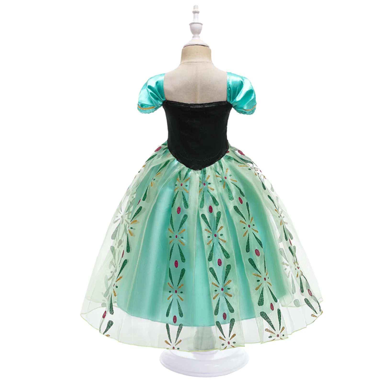 Girls Frozen Anna Green Princess Dress Kids Embroidery Flower Party Costume Mesh Material Short Sleeves Mid-Length For Beauty