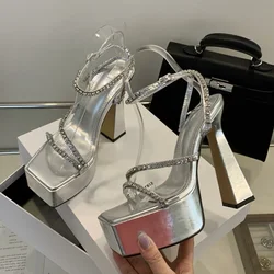 Eilyken, sandalias de mujer con punta cuadrada dorada y plateada, estilo callejero, plataforma con correa y hebilla, tacones ultraaltos, zapatos de fiesta para banquete para mujer
