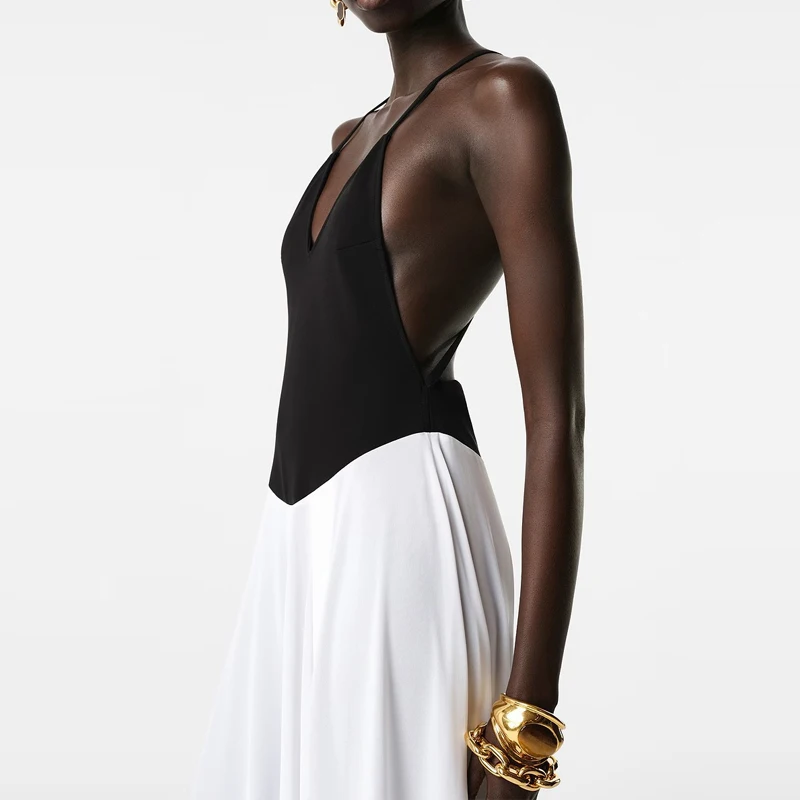 Sexy V-neck Sleeveless Color Blocked Jumpsuits Fashion Loose Backless Wide Leg Rompers Elegant Ladies Pleated Commute Playsuits