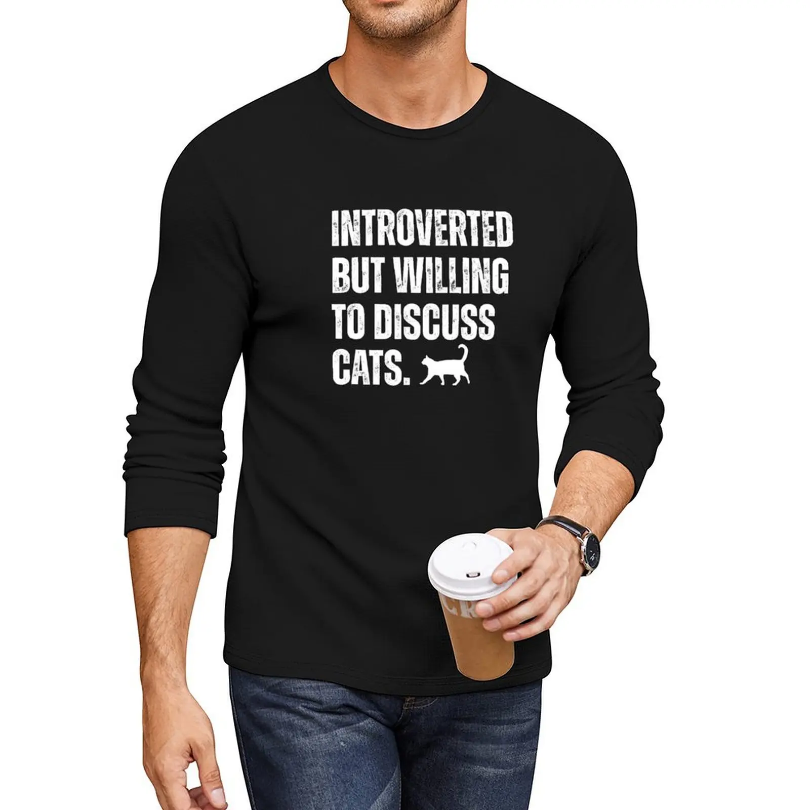 Introverted But Willing To Discuss Cats silhouette Long T-Shirt anime t-shirts man Men's t-shirt