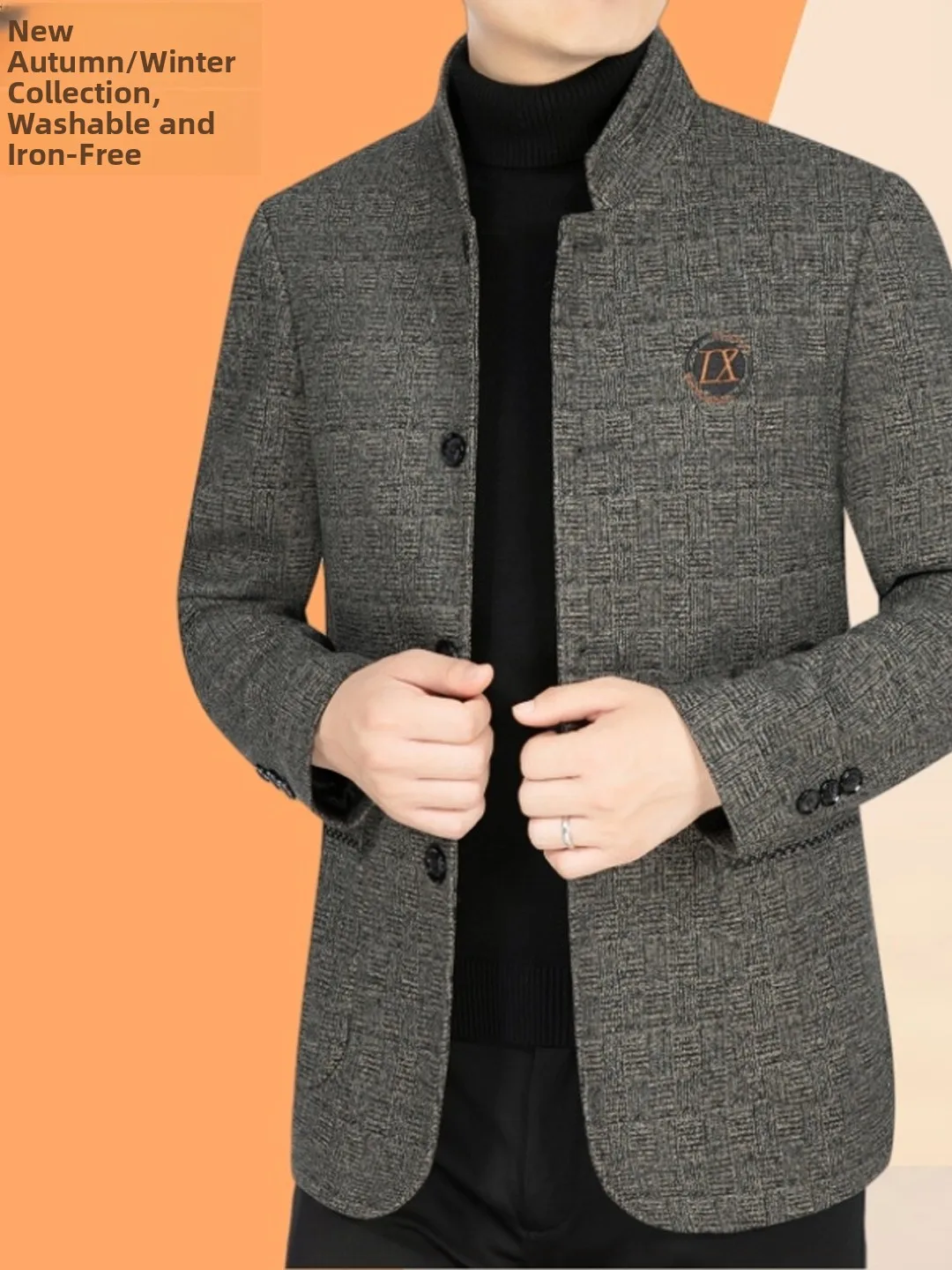 

Мужское шерстяное пальто Woodpecker для весны и осени, для мужчин среднего и старшего возраста, с воротником-стойкой, в стиле Чжуншань, не требует глажки, устойчивое к сминанию