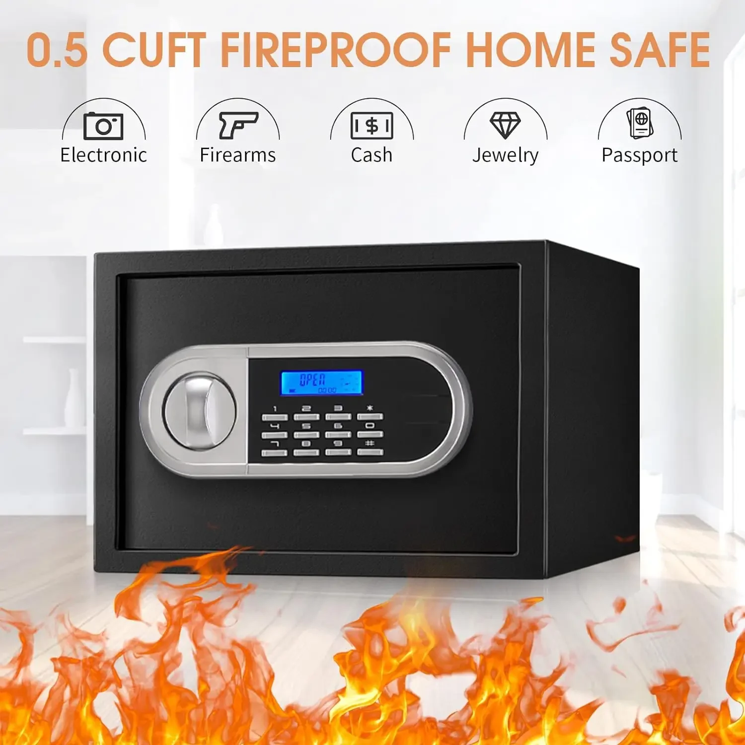 0.6 Cubic Feet Small Home Safe Fireproof Waterproof, w/ Programmable Keypad, Spare Keys and LED Light, for Valuables, Black