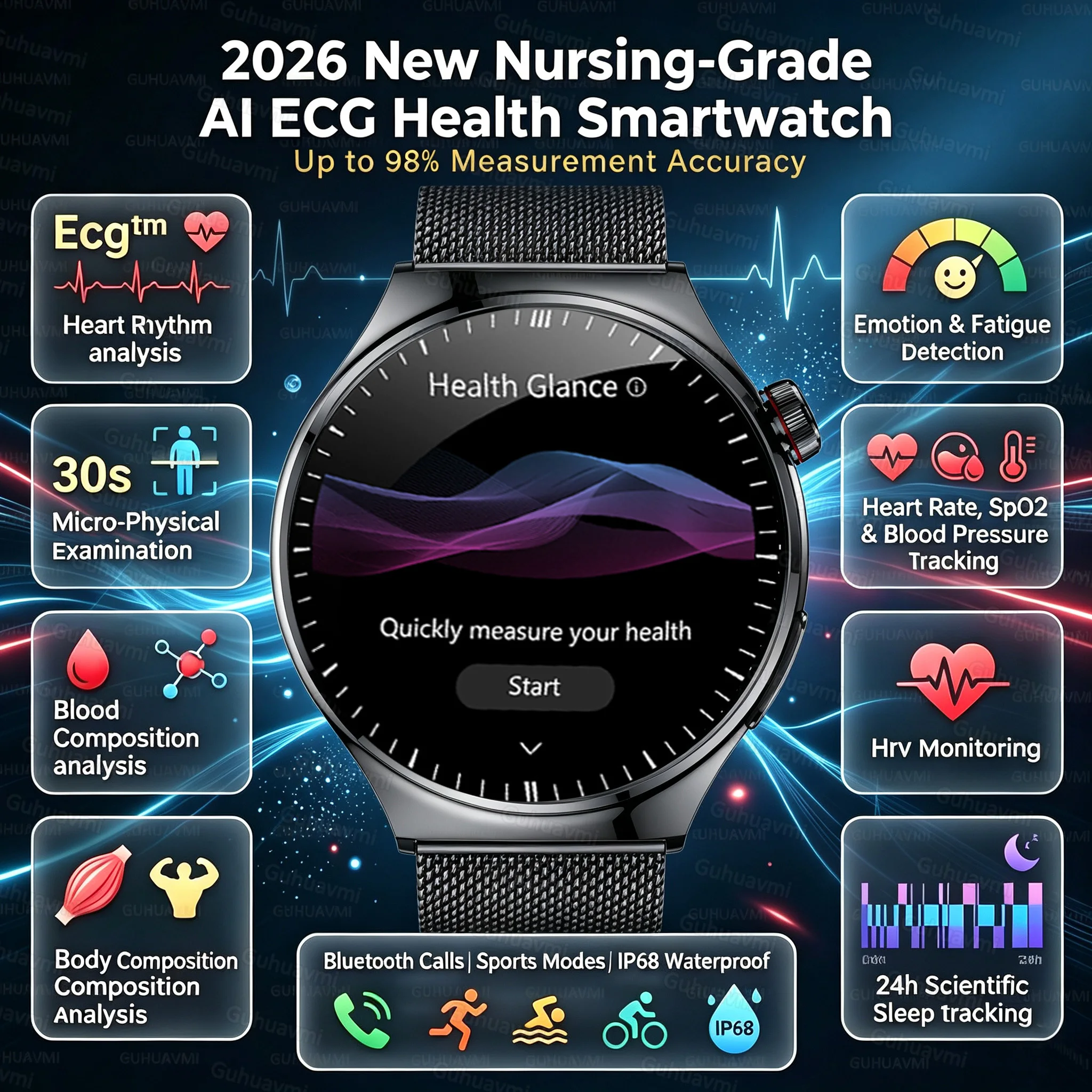 Новые смарт-часы 2026 года с ЭКГ+ППГ, мониторингом уровня мочевой кислоты и липидов в крови, Bluetooth-звонками, беспроводной зарядкой, мультиспортивными функциями и отслеживанием здоровья для мужчин