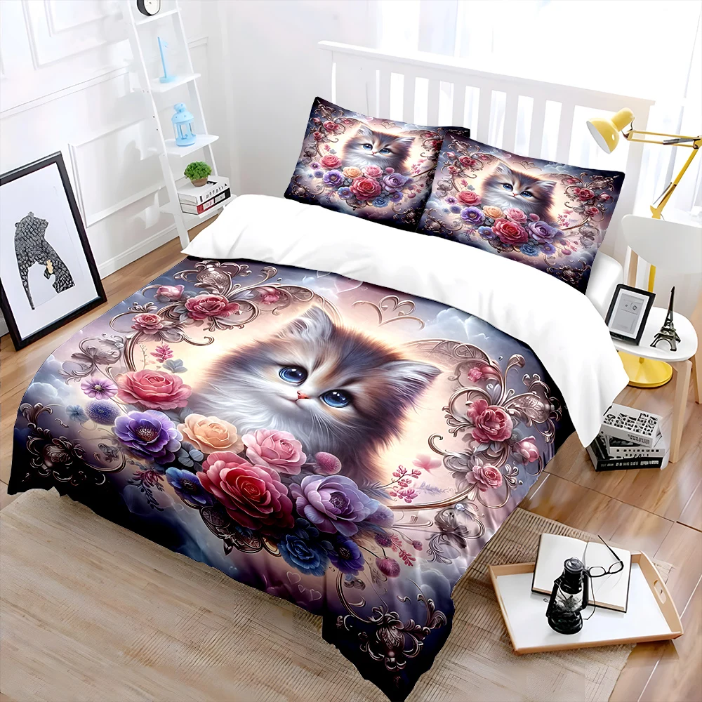 Adorable kitten with vibrant flowers Print Soft Comfortable Duvet Cover Bedding Set Included 1*Duvet Cover  2*Pillowcases