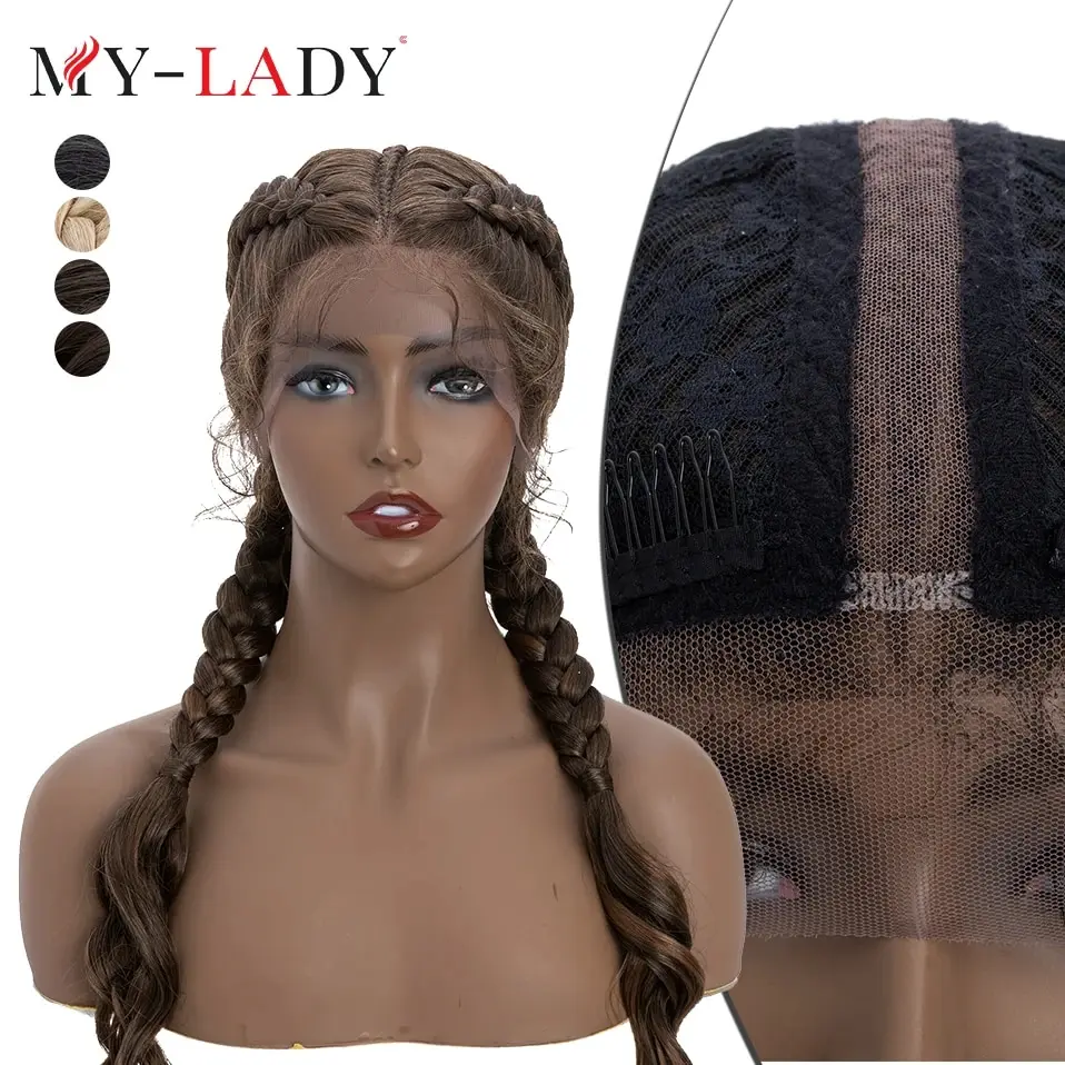 My-Lady 27inch Synthetic Box Braides Wig Lace Front Dutch Cornrow Braided Wig With Baby Hair Wavy Hair End For Afro Black Women