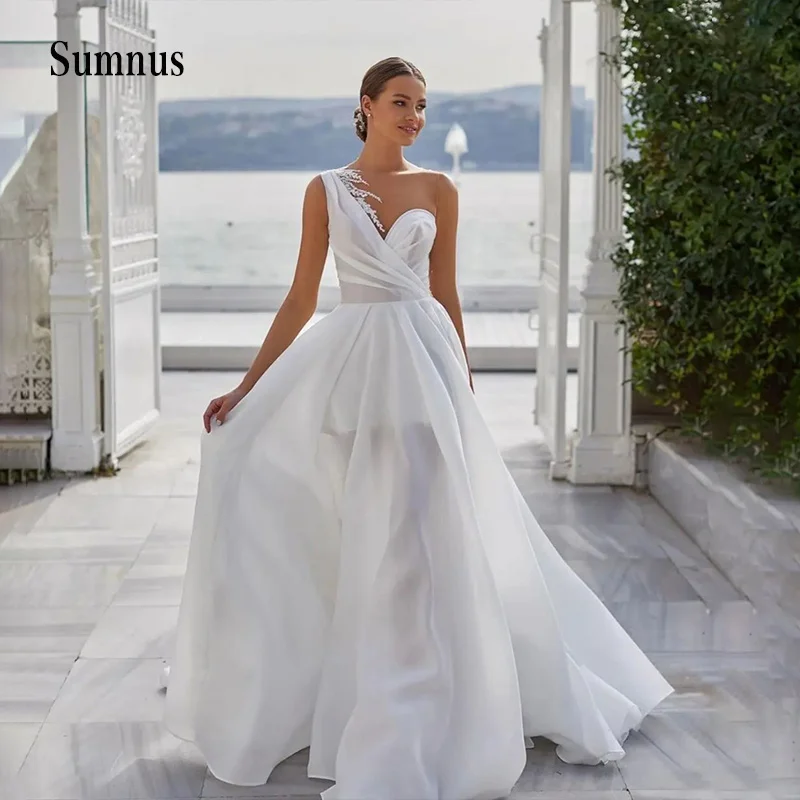 

A line One Shoulder Wedding Dress V neck Appliques Soft Satin Bride Dresses Elegant Long Beach Wedding Gowns Robe de Mariee