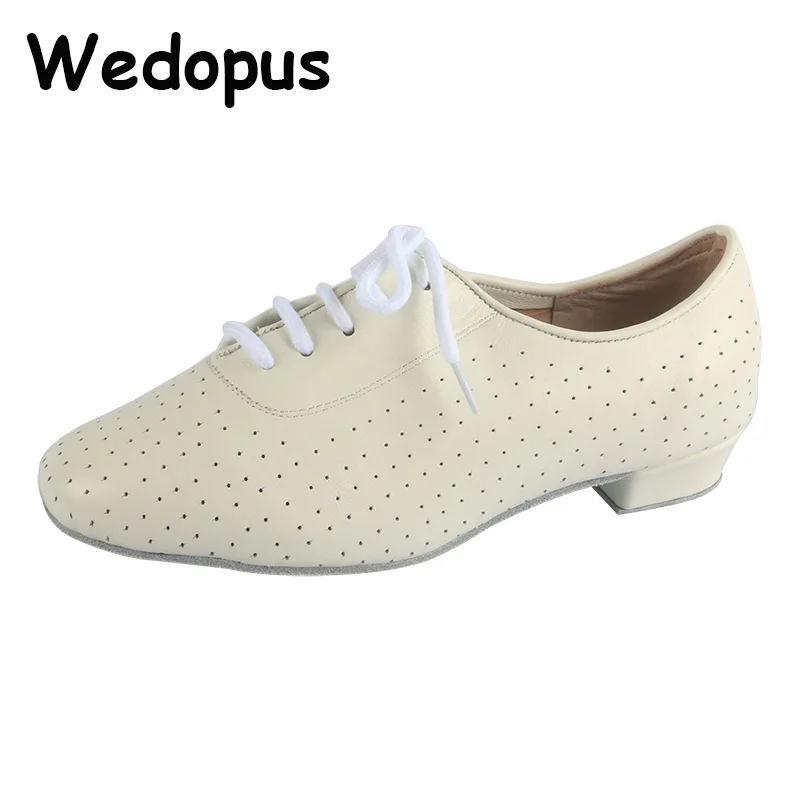 

White Leather Dance Training Shoes Women Latin Modern Salsa Dancing Shoes Ballroom Square Heel Dancing Shoes Suede Sole