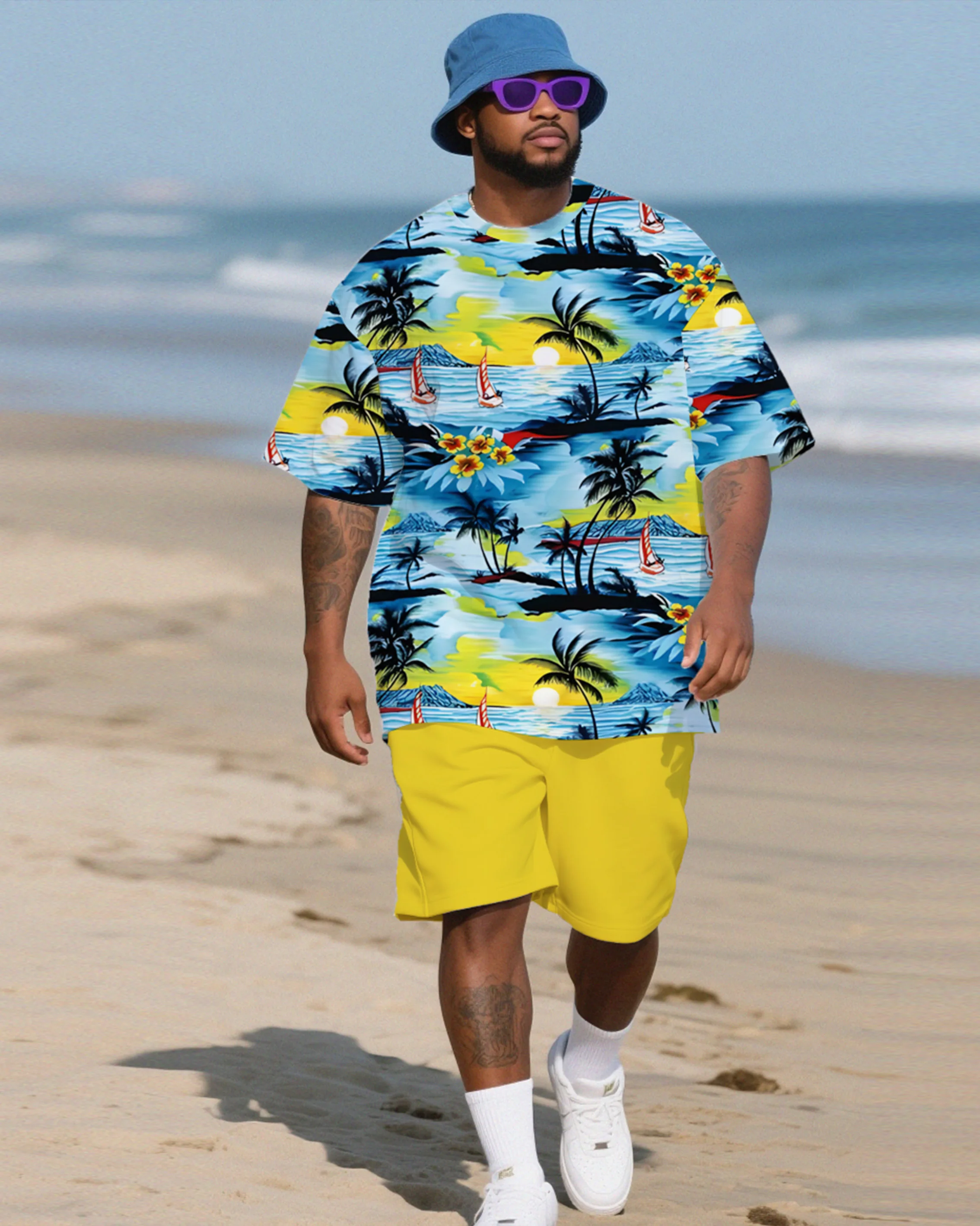 

Men's large-sized oil painting coconut tree beach vacation short-sleeved T-shirt and shorts set of two pieces