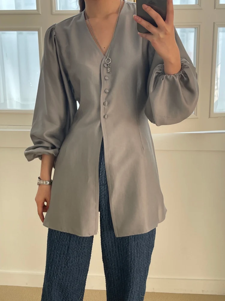 Women\'s Spring Long Satin Shirts V Neck Slim Waist Puff Long Sleeve Single Breasted Blouse Stylish Top Korea Style