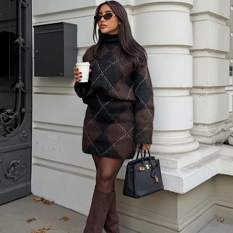 

Tornova Plaid Pullover Knitted Top Skirt Suit Women's Long Sleeve Fashion Turtleneck Sweater High Waist Mini Skirt 2025 Ins Hot