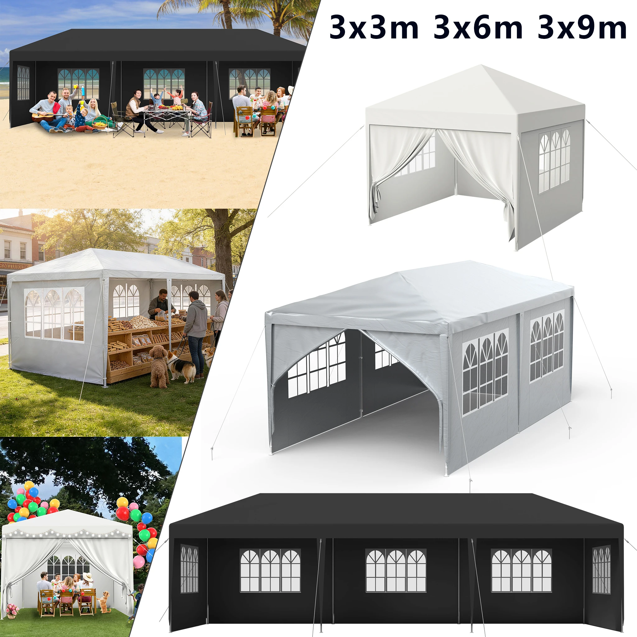 Gazebo de jardin 3x3m 3x6m 3x9m avec parois latérales amovibles, tente de jardin à structure en acier, pavillon anti-UV pour mariage, anniversaire, événement