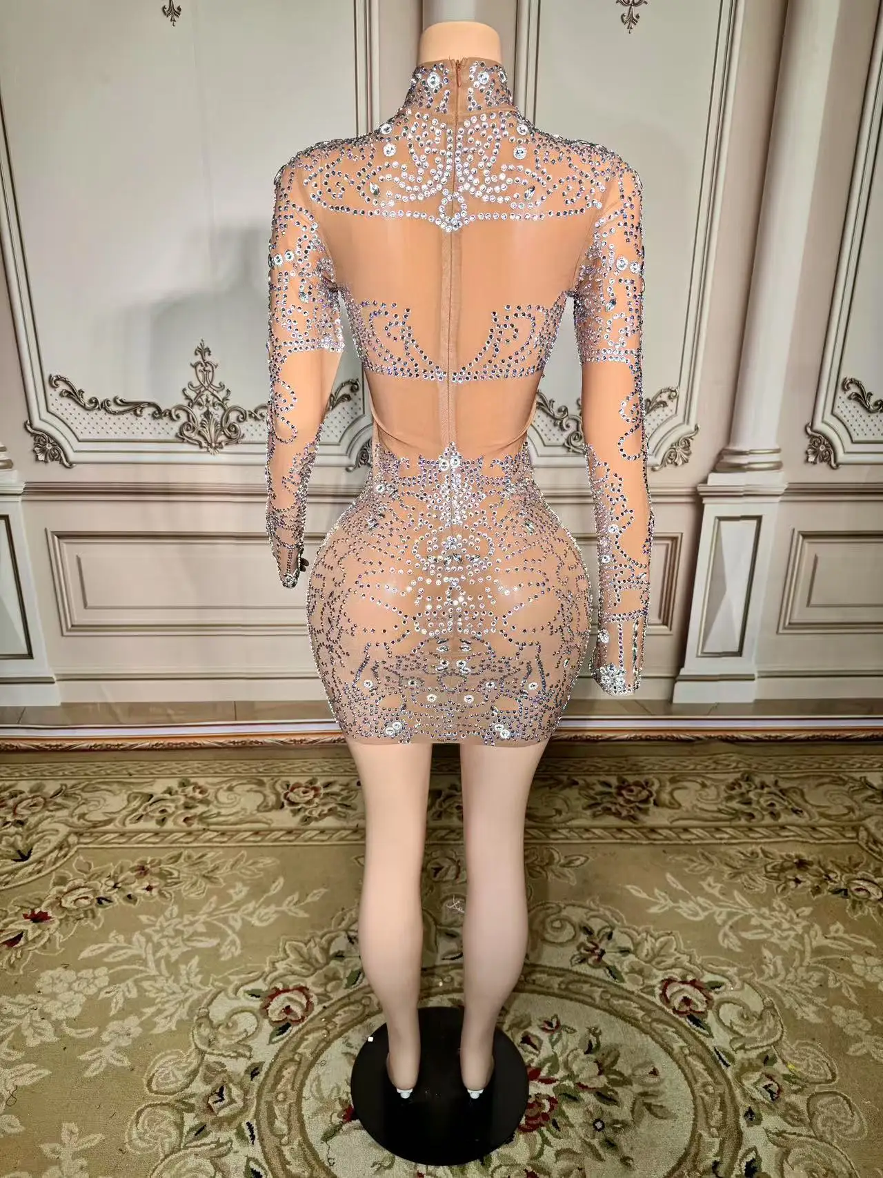 ZD سباركلي حجر الراين فستان قصير مثير شبكة غمد مساء حفلة ملهى ليلي أداء زي لشريط المطربين الراقصات المرحلة ارتداء