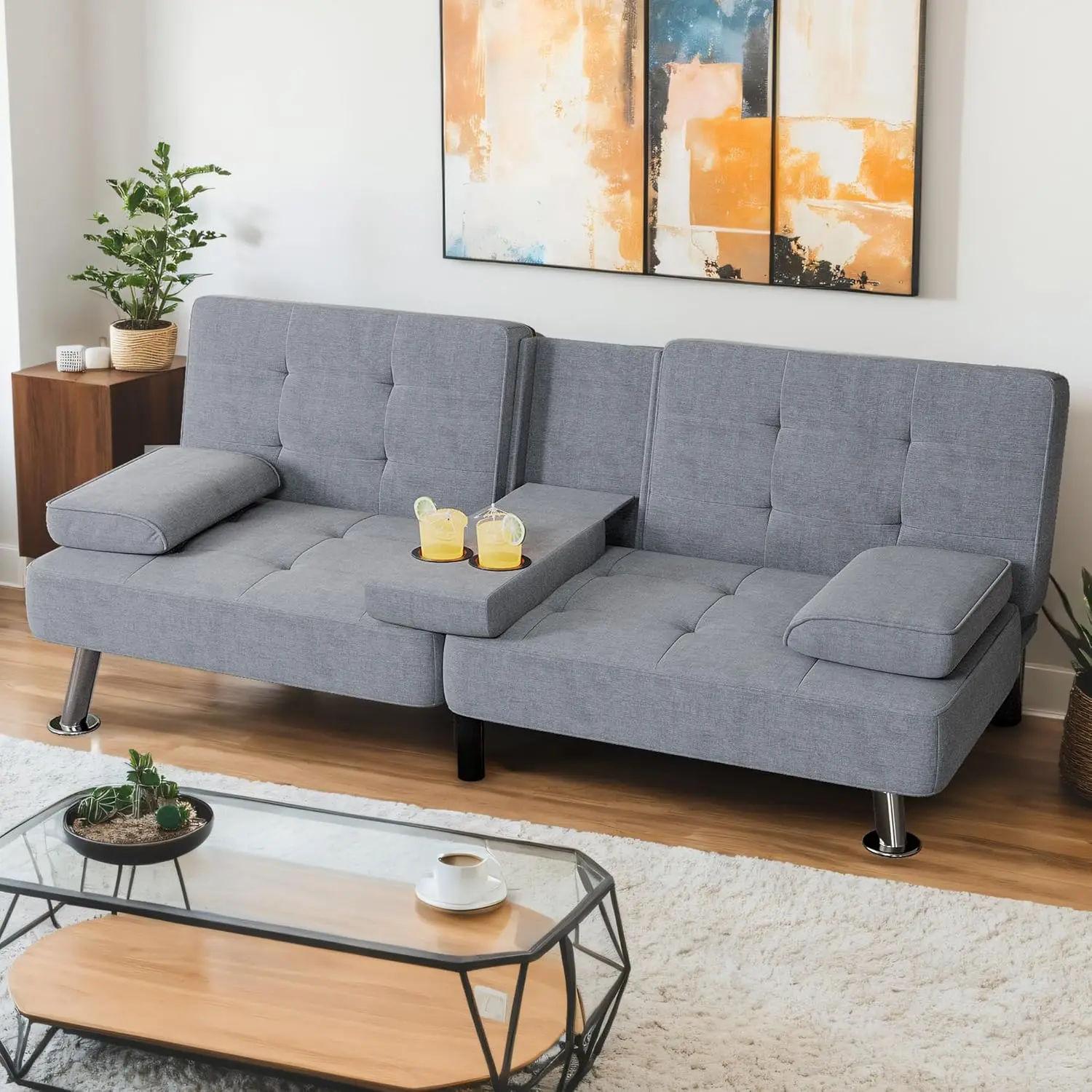 

Modern Linen Upholstered Convertible Folding Futon Sofa Bed With Removable Armrests, Metal Legs, 2 Cup Holders For Living Room,