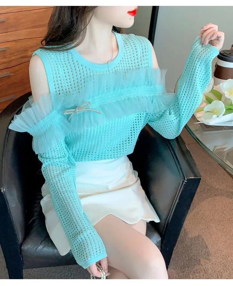 Sweet Women's Knit Pullover With Ruffled Butterfly Sleeves And Hollow Out Detail For Summer Parties And Evening Outings 6