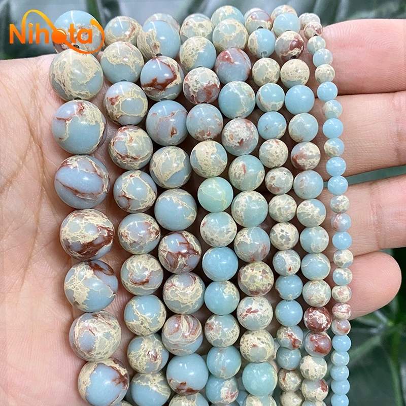 Natural Stone Snakeskin Blue ShouShan Turquoises Round Loose Beads for Jewelry Making DIY Bracelet 15\