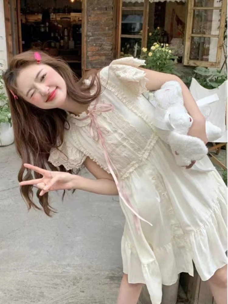 Flying Sleeve Lolita Kawaii Dress Women Ruffles Lace Japanese Sweet Mini Dress Female Dress Pure Colour Cute Fashion Dress 2023