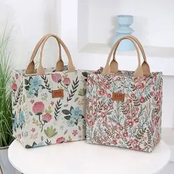 New Handbag Floral Print Lunch Bag Large Capacity Thermal Thickened Thermal Insulation Bag Waterproof Insulated Bag Women