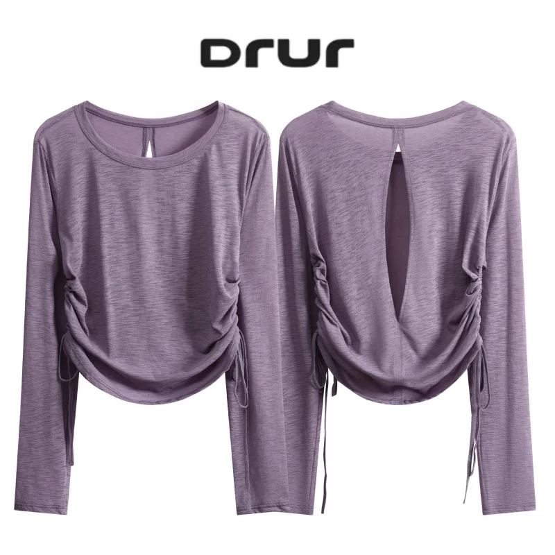 DRUR Elegant Thin Yoga Tops For Women With Open Back Ruched Side Dance Ballet Shirt Casual Long Sleeve Top For Street Travel