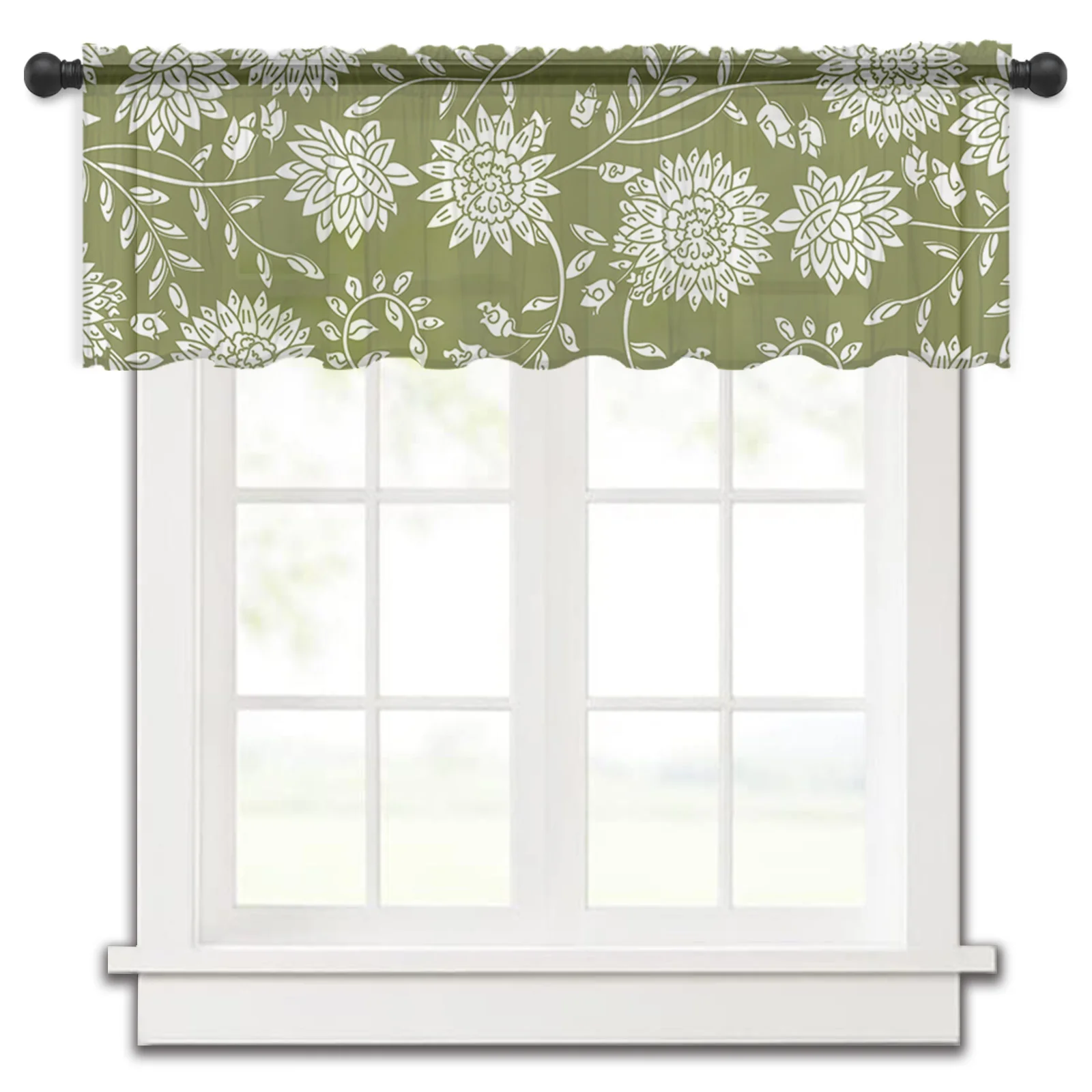 Dahlia Leaves White Flowers Green Small Window Curtain Tulle Sheer Short Curtain Bedroom Living Room Home Decor Voile Drapes