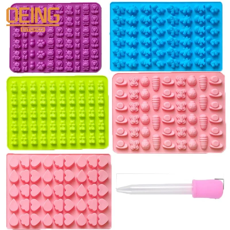 

4 PCS Set Mini Gummy Silicone Mold Bear Dinosaur Cloud lion Chocolate Candy Mold With 2 Pink Droppers Cake Baking Accessories