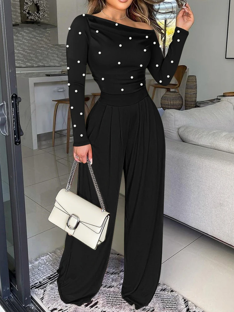 

Temperament Commute Women High Waist Outfit Fashion Slash Neck Beading Decoration Jumpsuits Elegant Long Sleeve Wide Leg Rompers