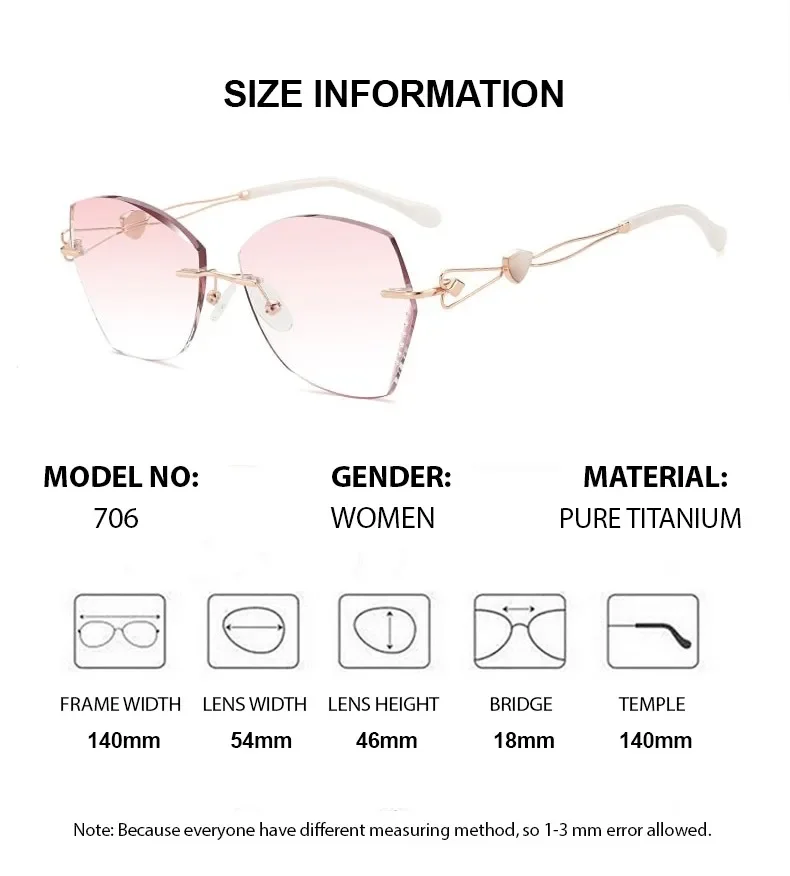 Women Rimless Eyeglass Titanium Tint Gradient Colored Elegant Prescription Sunglasses Lady Optical Frameless Gafas