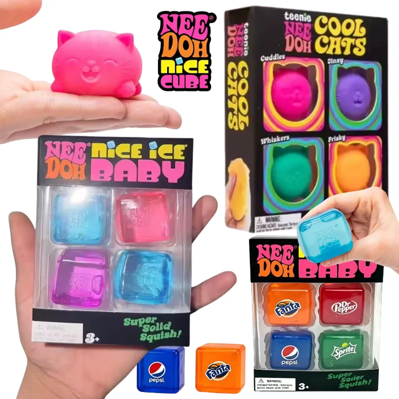 Schylling Nee Doh Nice Cube Soda Color und Mini Cat 4er-Set Langsam Rückfederndes Squishy Fidget Spielzeug Stressabbau Party-Geschenk