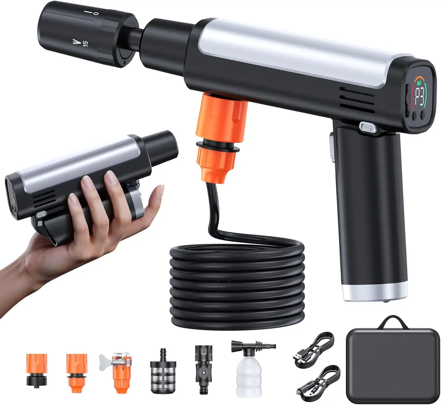 

Foldable Cordless Washer, Portable Battery Washer with 5-in-1 Nozzle, 3 Levels & LCD Display, Handheld Washer for Car, Bike, Patio & Camping (Black)