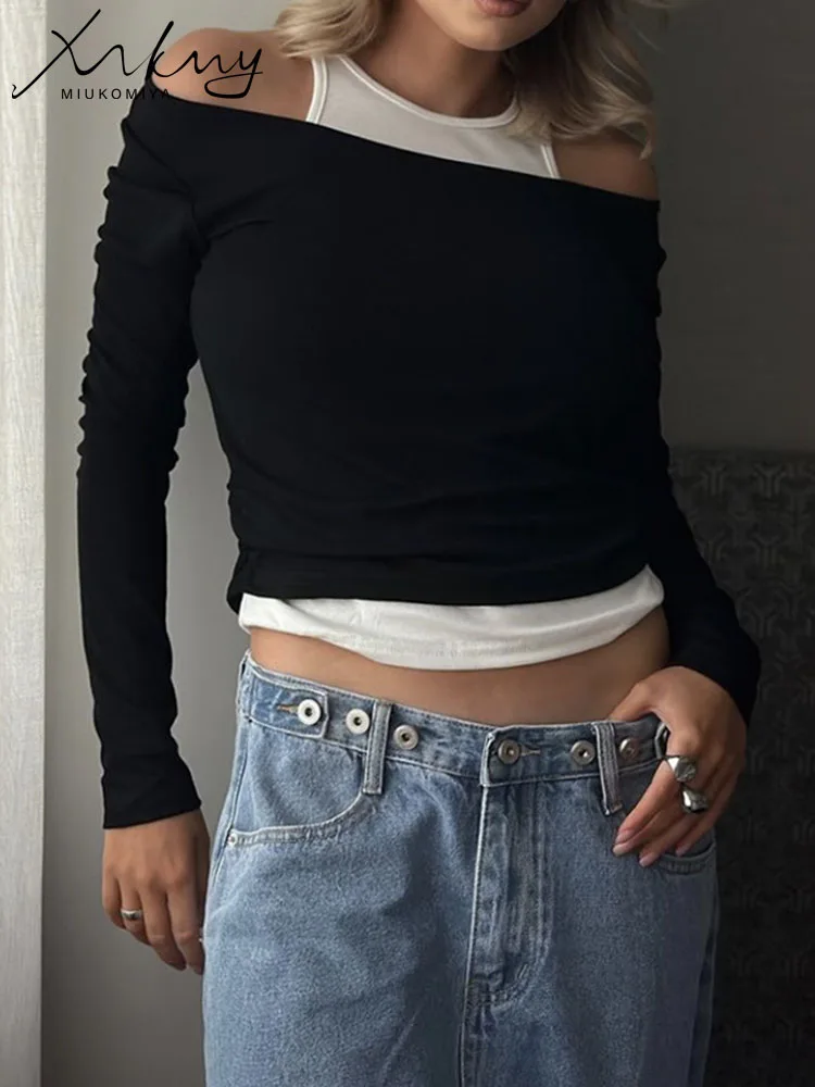 MiuKoMiYa Modal Long Sleeve T Shirts Women Vintage Elastic Tops Tees Ladies 2025 Spring Fake Two Pieces T Shirts For Women Black