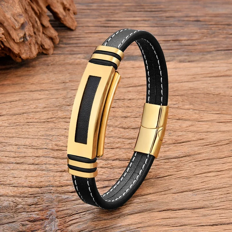 Hollow stainless steel bracelet men, jewelry accessories, high quality, black braided leather rope, hop style, new, 2024