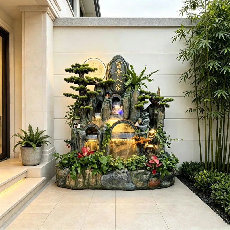 Large floor-to-ceiling rockery, flowing water fountain, fish tank circulation, living room, outdoor entrance, company opening
