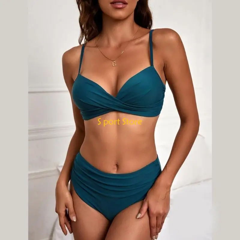 U2JB High Waist Tankini Set Split Design Twist Front Top Pleated Bottom Swimsuit