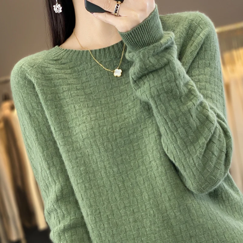 

Autumn and Winter Ladies 100% Merino Wool First-Line Ready-to-Wear Sweater O-neck Warm Solid Color Long-sleeved Knit Pullover