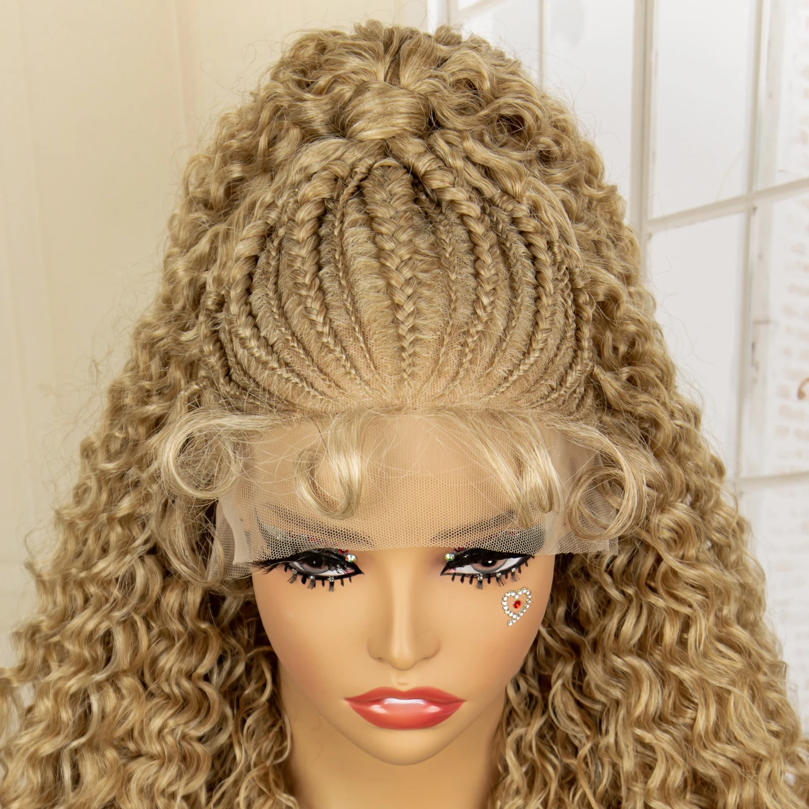 27/613 Blonde Synthetic Lace Frontal Cornrow Braided Wigs 24 Inches Kinky Curly Ponytail Braids Wig with Baby for Black Women