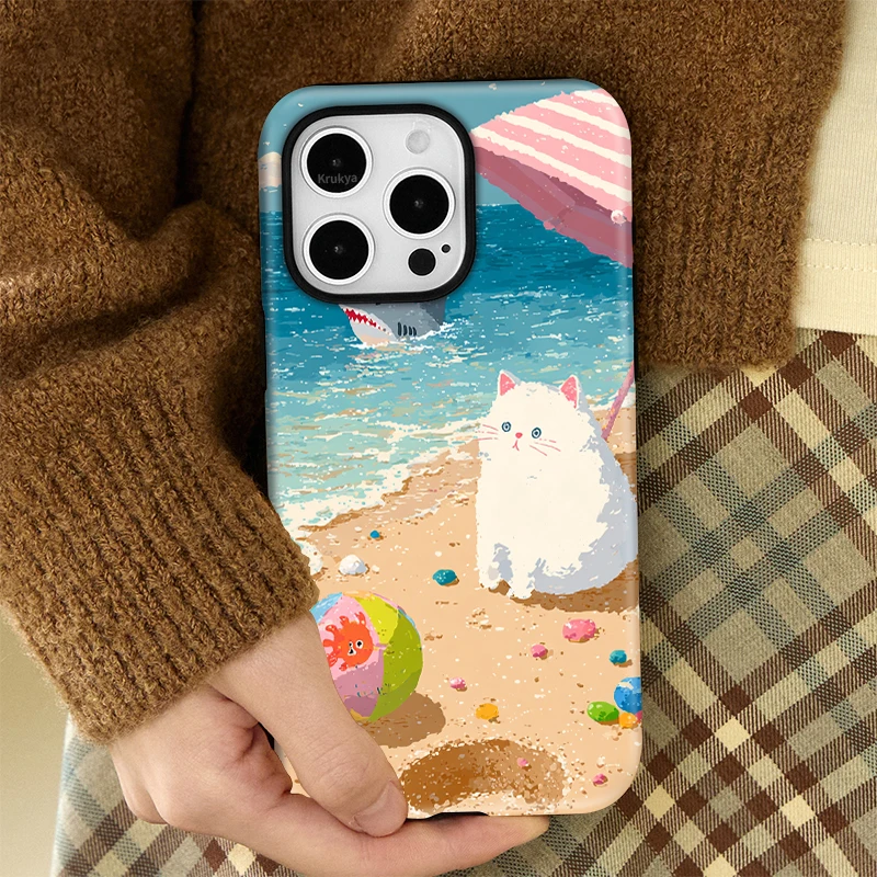 เคสโทรศัพท์ลายแมวน่ารัก Krukya สำหรับ iPhone 16 17 Pro Max 15 13 11 12 14 Pro Max 14 Plus XR XS X SE เคสแบบด้านสองชั้น