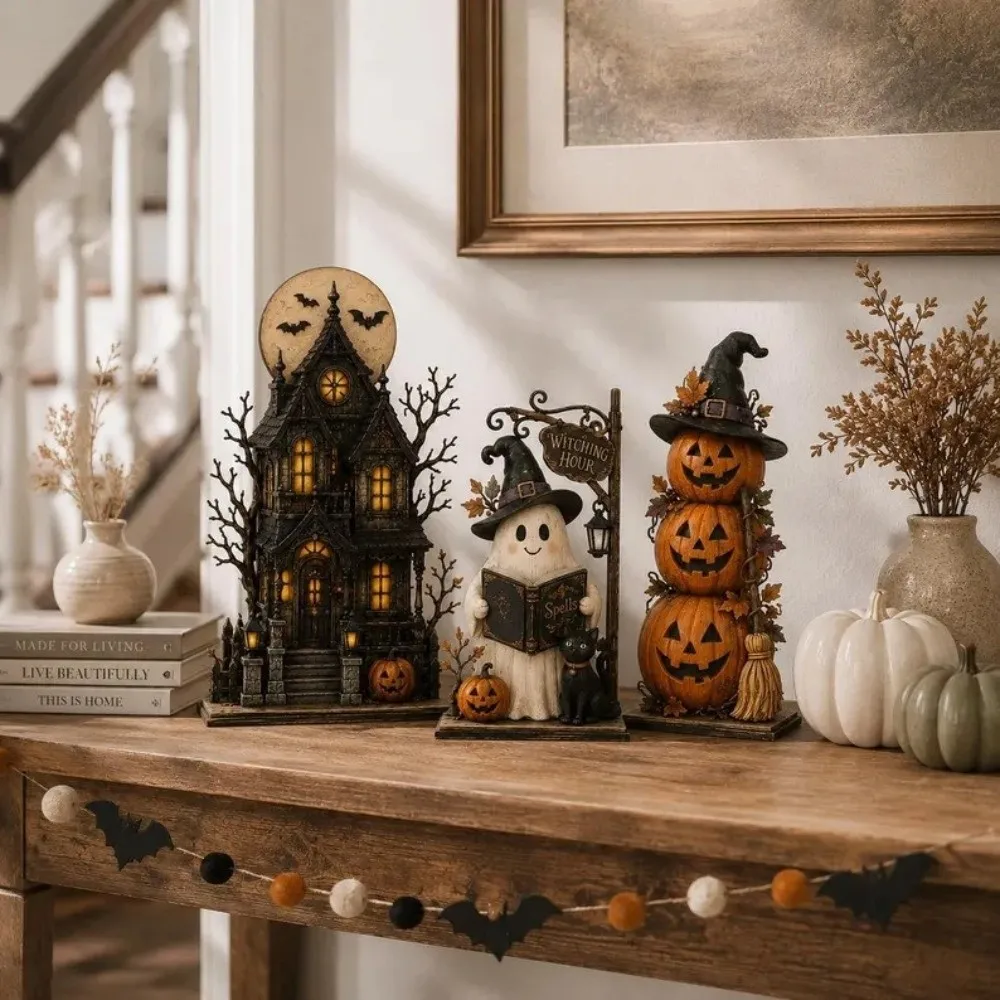 2D Flat Halloween Pumpkin Ghost Figurine Spooky Vintage Wood Haunted House Statue Witch Hat Fall Craft