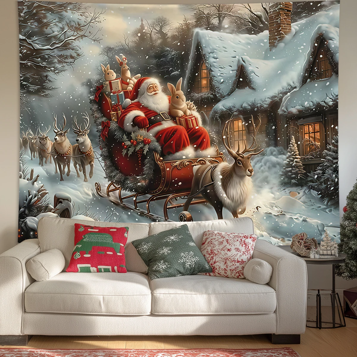 VIKAMA Santa Sleigh Bunny Cottage Tapestry Wall Hanging, 6 Designs, Wall Decor for Bedroom Living Room Dorm