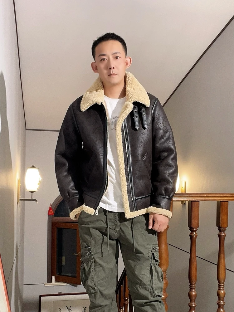

Мужская куртка-бомбер из овчины в стиле ретро B3 — утолщенное замшевое пальто из овчины