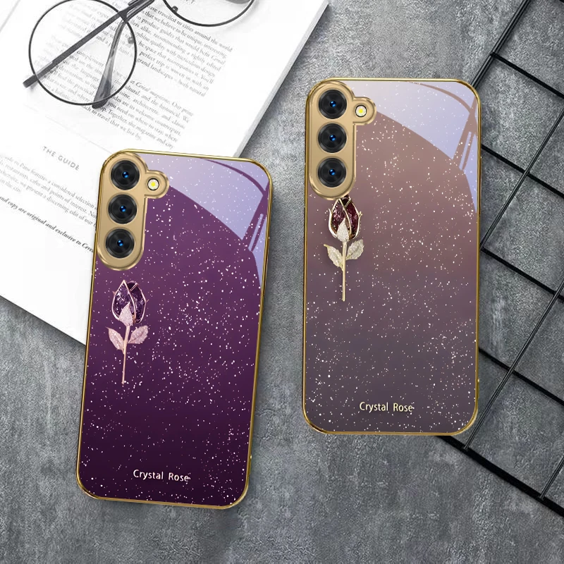 وردة كريستال رائعة لهاتف سامسونج جالاكسي S20 FE S21 S22 S23 Plus S24 Ultra 25Ultra S21 + S9 + S22Plus حافظة هاتف زجاجية ذهبية