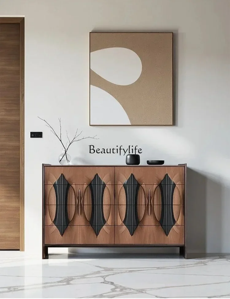 

44Walnut solid wood living room wall integrated storage cabinet modern light luxury art relief bedroom storage cabinet