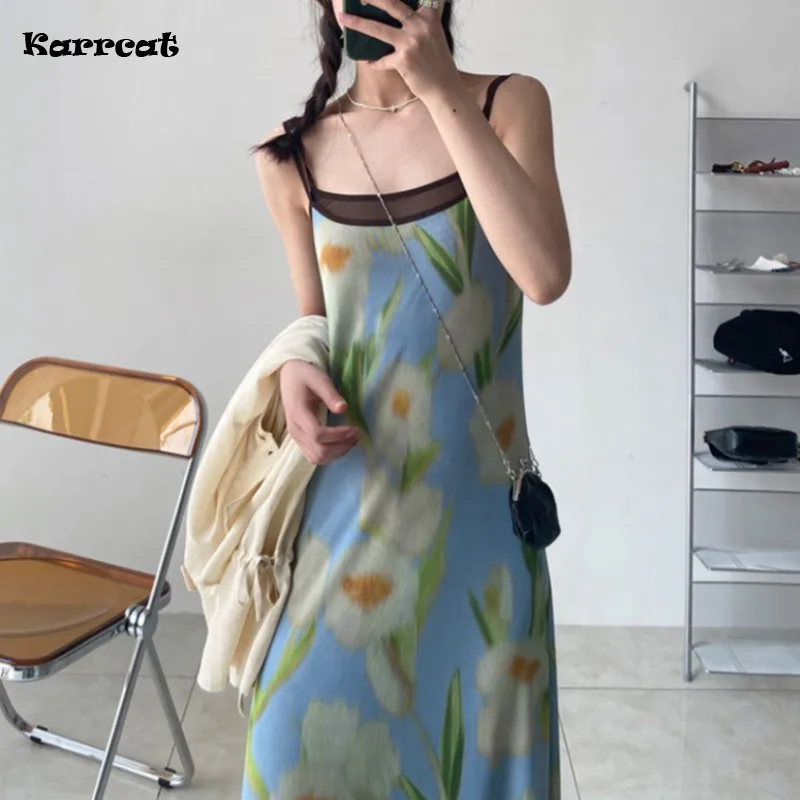 Karrcat Cottagecore Flower Printed Mesh Dress Women Korean Fashion Sleeveless Dresses Ladies Elegant Maxi Dress Sweet Japanese