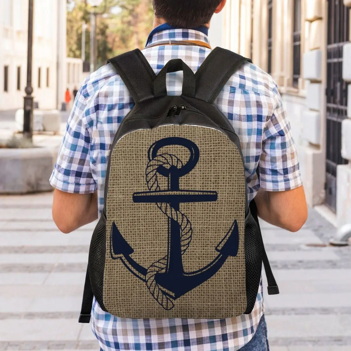 Nautical Burlap Anchor Graphic Backpacks for Boys Girls Navy Ocean School College Travel Bags Bookbag Fits 15 Inch Laptop