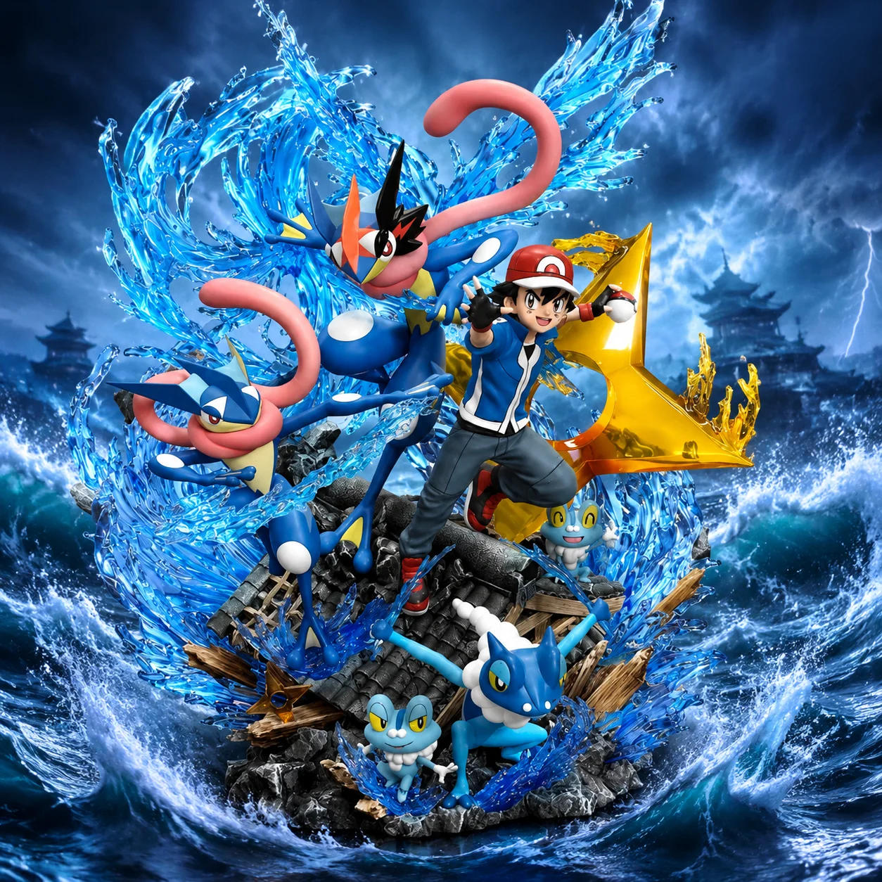 Image of Sofort Lieferbar: 30cm Große Pokémon Ash Ketchum Greninja Evolution PVC-Figur, Sammlerstück Modellfigur